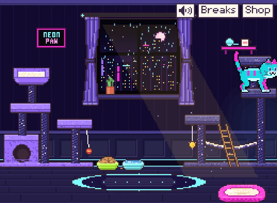 Neon City environment: neon cat-tree room with a rainy cyberpunk skyline